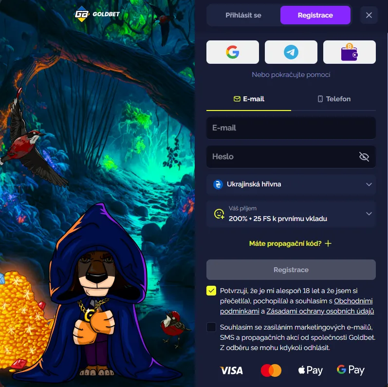 Registrace v Goldbet Casino